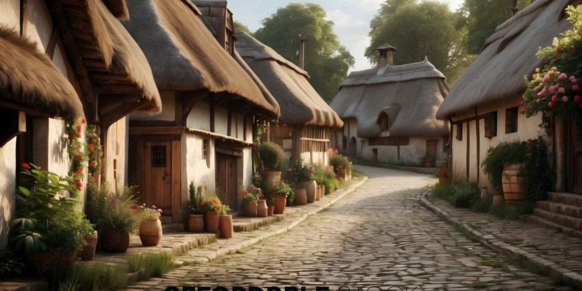 A quaint village with thatched roofs and flower pots