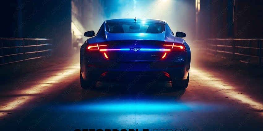 Blue Sports Car with Lights On