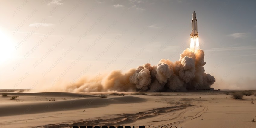 A rocket launches into the sky over a sandy landscape