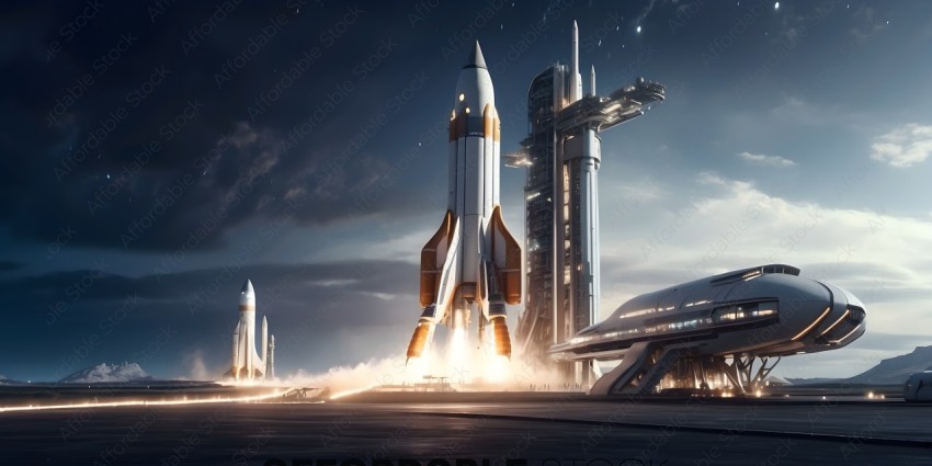 A Space Shuttle Launches from a Spaceport