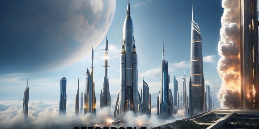 Futuristic City with Tall Buildings and Space Ship