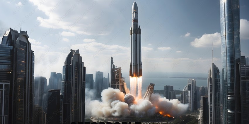 A rocket launches from a tower in a city