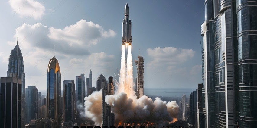 A rocket launches from a skyscraper in a city
