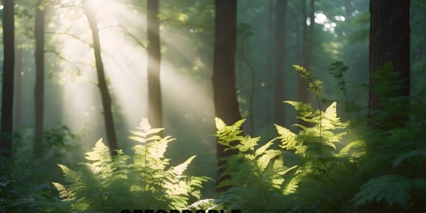 A forest with ferns and sunlight