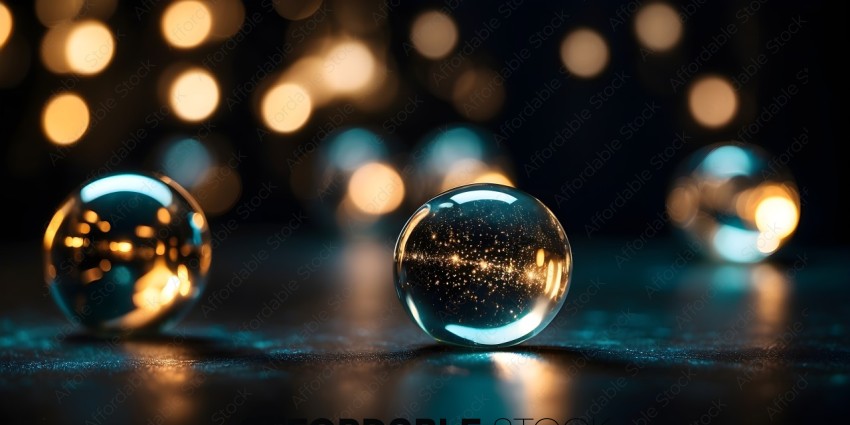 A glass ball with a blue tint and glittering lights