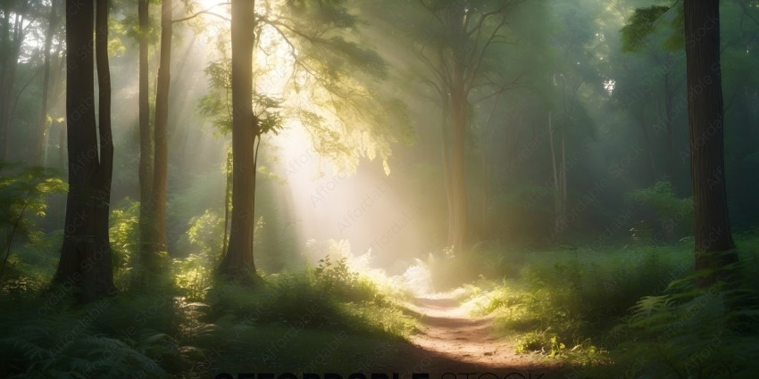 A pathway through a forest with sunlight streaming through the trees