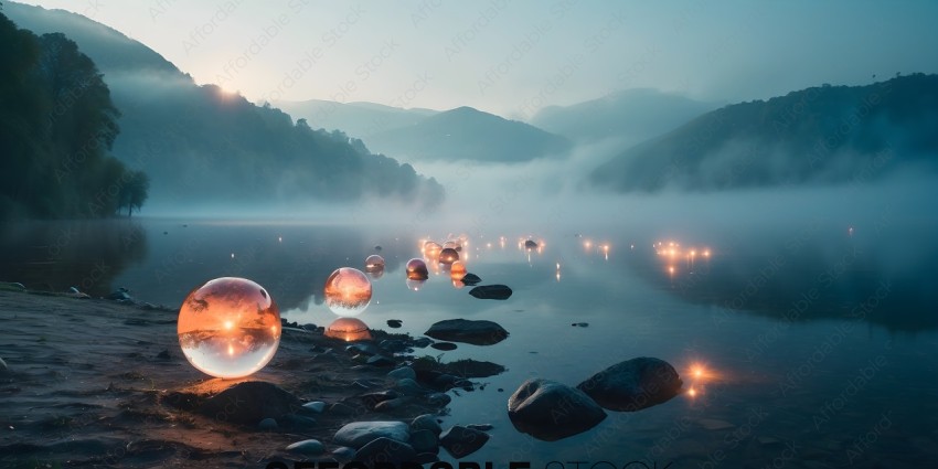 A group of spheres are floating in a body of water