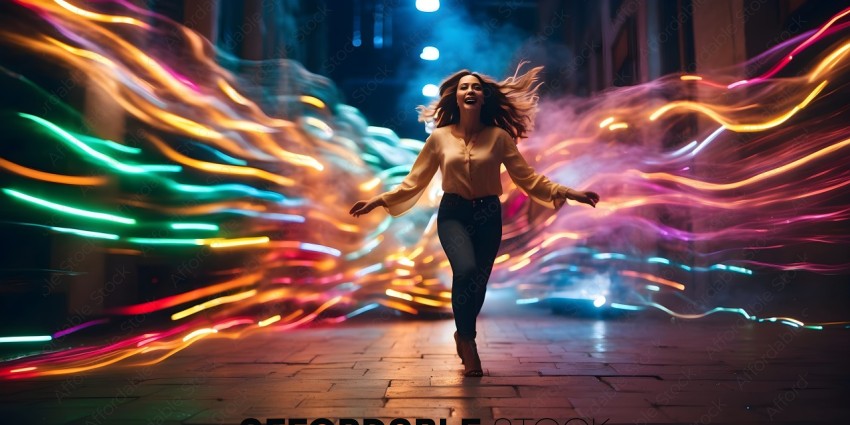 A woman in a white shirt and jeans is walking in a city street with a colorful light show