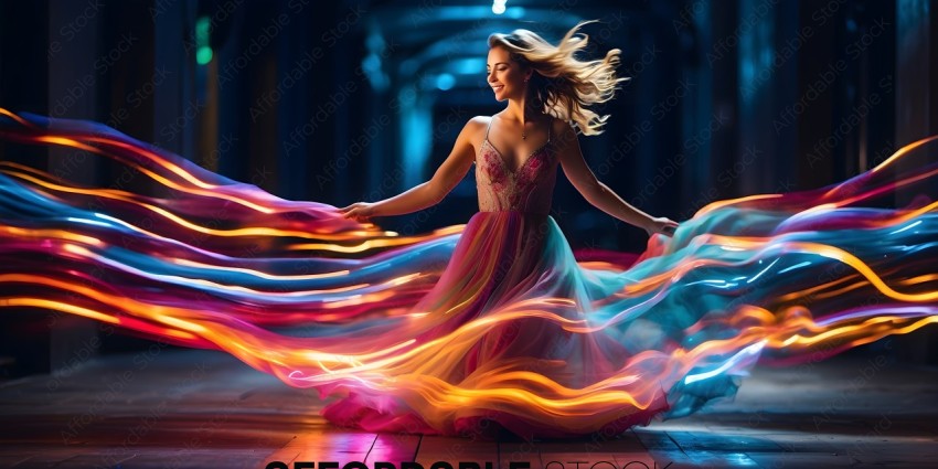 A woman in a colorful dress dances in a room with a colorful light