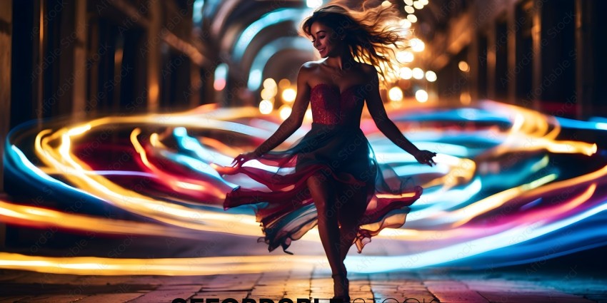 A woman in a red dress dances in a city street at night