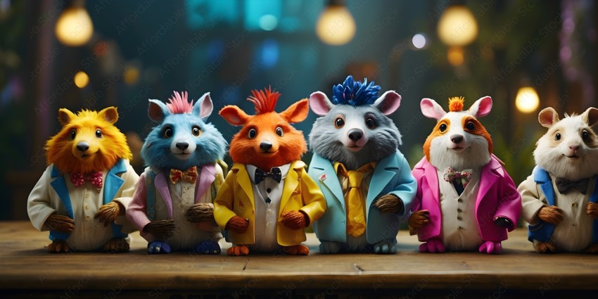 A group of five stuffed animals wearing suits