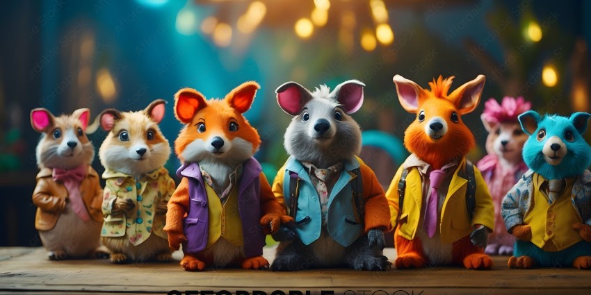 A group of stuffed animals dressed in clothes