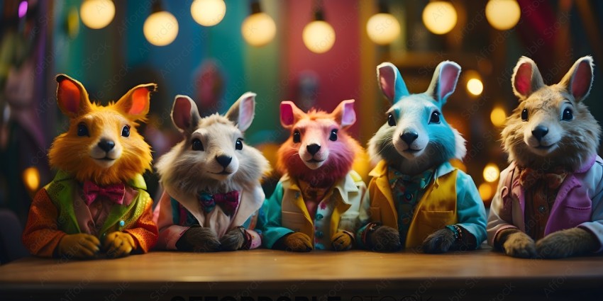 A group of stuffed animals wearing clothes