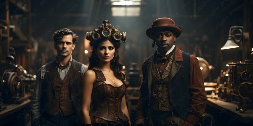 Actor in Victorian Dress and Steampunk Hat Poses with Colleagues