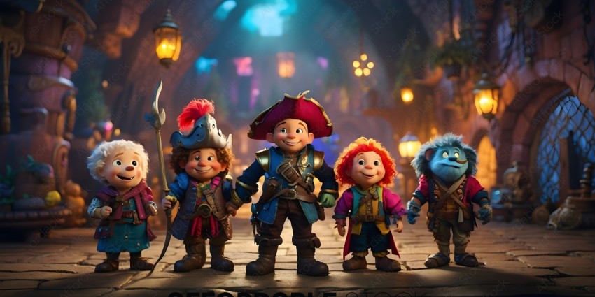A group of animated characters dressed in costumes