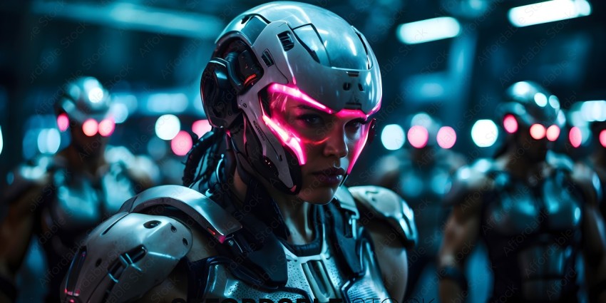 A Cyborg Woman with Pink Lights on Her Face