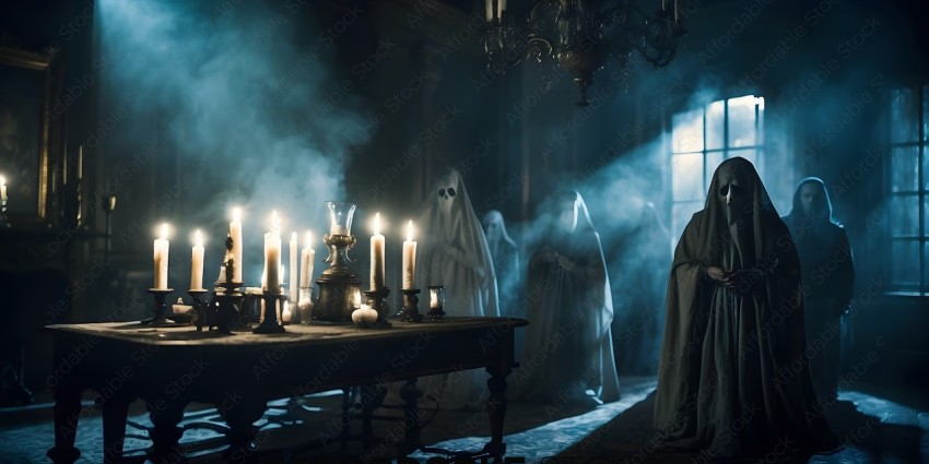A group of ghostly looking people in white robes