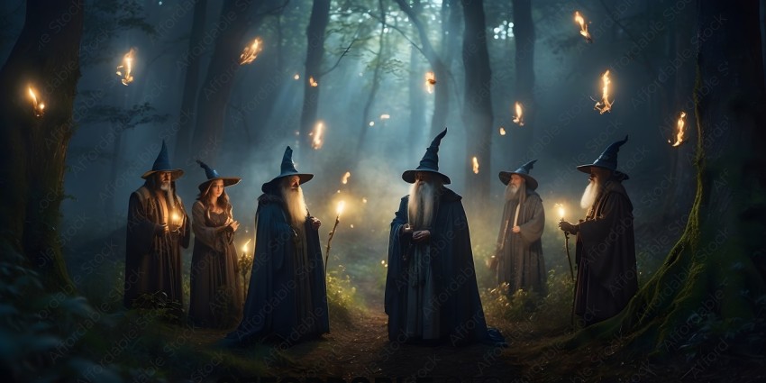 Wizards with long beards and pointed hats standing in a forest