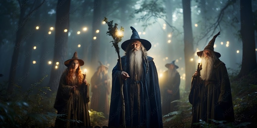 A wizard in a forest with his wizard hat on