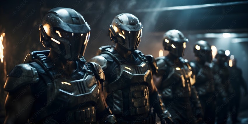 Three men in futuristic armor stand at attention