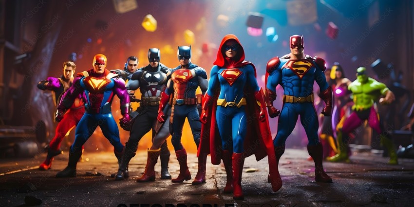 Superheroes in costume pose for a picture