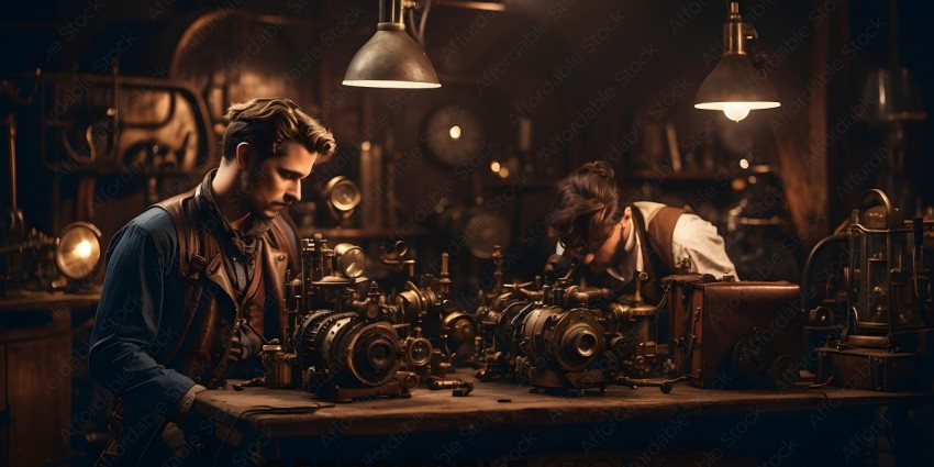 Two men working on a machine in a workshop
