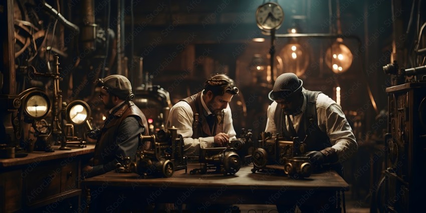 Three men working on a machine in a factory
