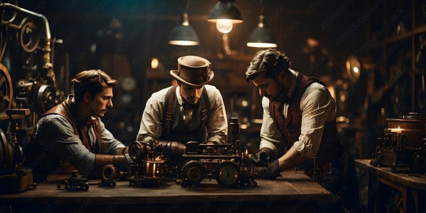 Three men working on a clock in a workshop