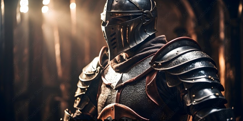 Knight in shining armor wearing a metal helmet