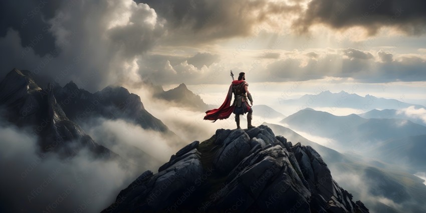 A man in a red cape stands on a rocky cliff overlooking a valley