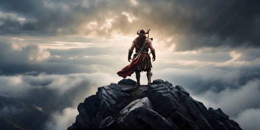 A Viking warrior stands on a rocky cliff overlooking a vast landscape