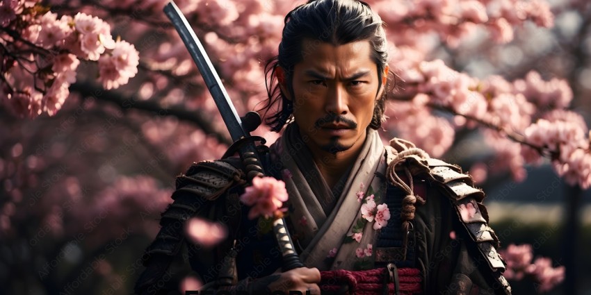 Man with sword and pink flowers