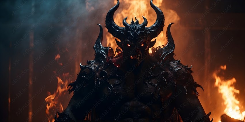 A demonic creature with horns and a fiery background
