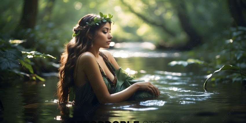A woman wearing a green dress is sitting in a river