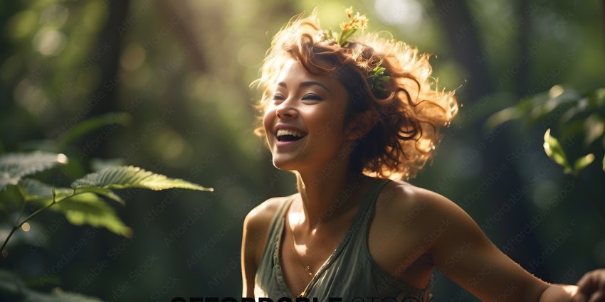 A woman with curly hair and a flower in her hair smiles