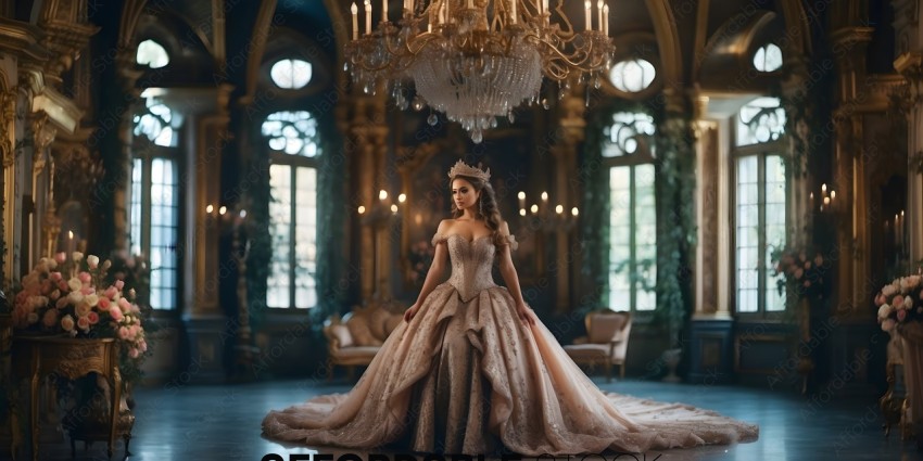 A woman in a fancy dress standing in a room with chandeliers