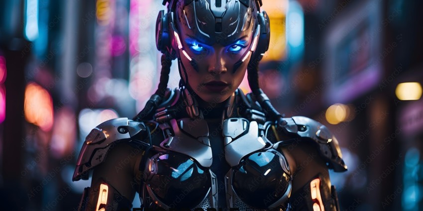 A Cyborg Woman with Blue Eyes and Silver Armor