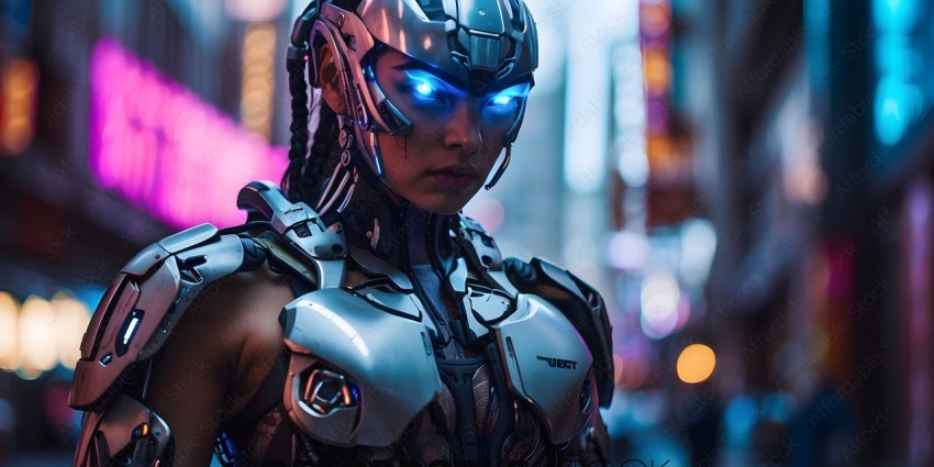 A Cyborg Woman with Blue Eyes and a Silver Outfit