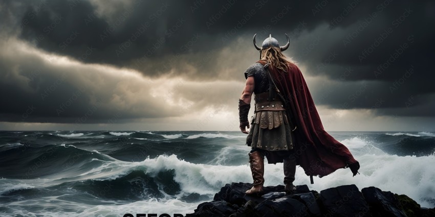 A Viking Warrior Stands on a Rock Overlooking the Ocean