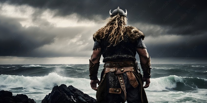 A Viking Warrior Stands on the Edge of the Ocean