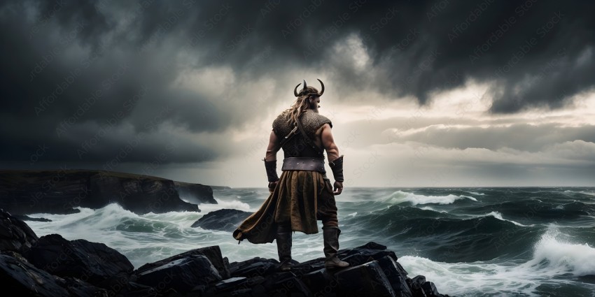 Man in Viking Costume Standing on Rocks by Ocean