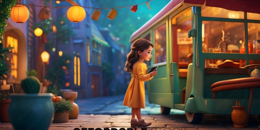 A little girl in a yellow dress is looking at a green bus