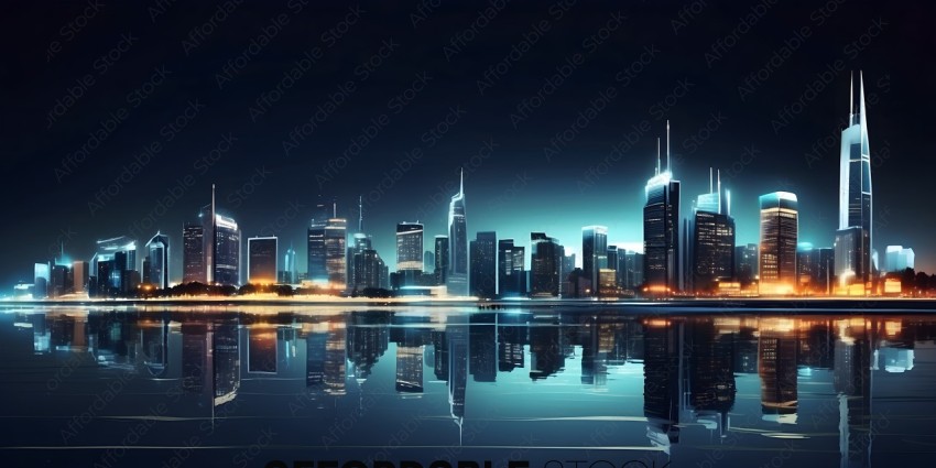 A cityscape at night with reflective water