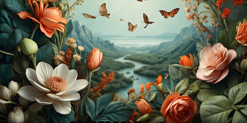 A painting of a forest with butterflies and flowers