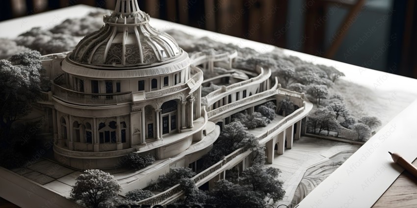 A model of a building with a dome and trees