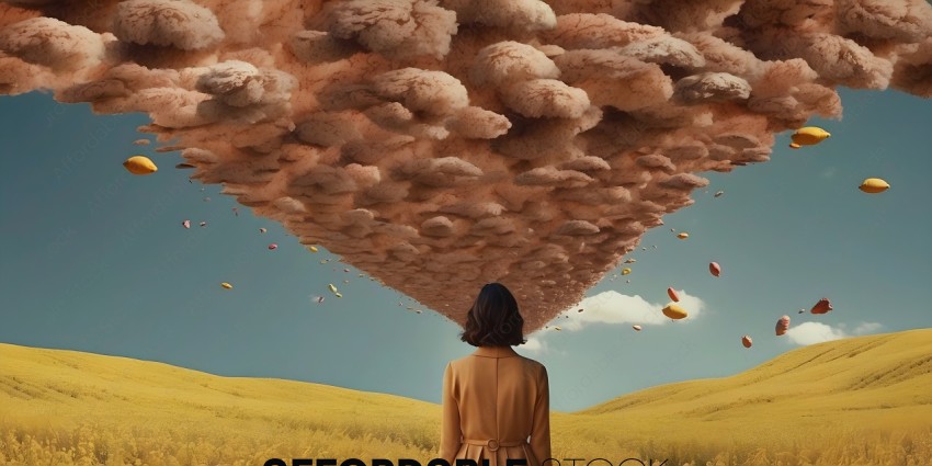 A woman in a brown coat looks up at a cloud of floating objects