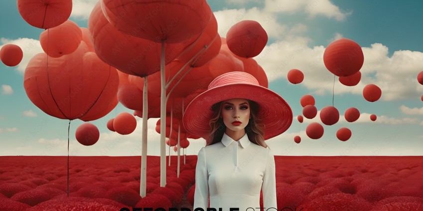 A woman in a white dress and a red hat stands in a field of red balloons