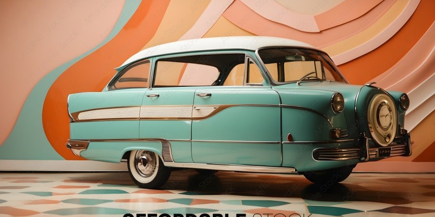 A vintage aqua car with a colorful background