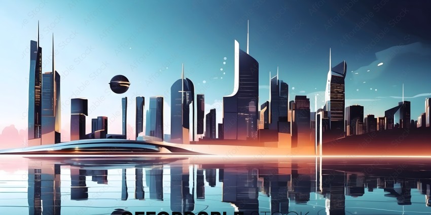 Futuristic Cityscape with Space Ship and Reflection