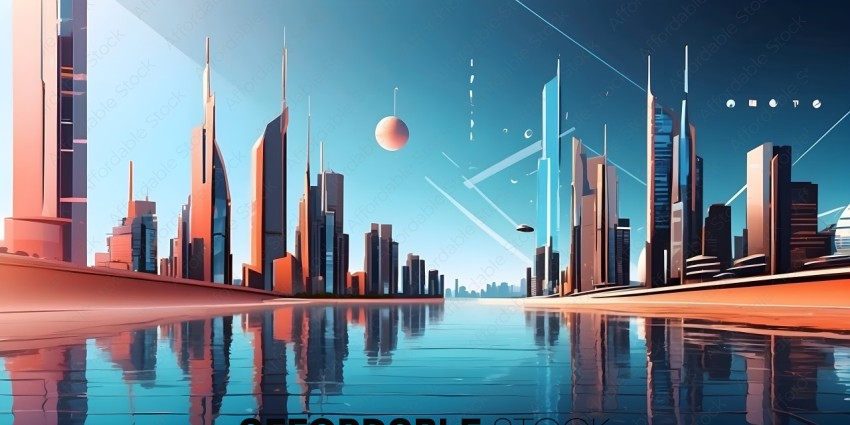 Futuristic Cityscape with Space Ships and Planets